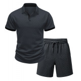 Men’s Casual Knitted Jacquard Stretch Polo Shirt and Shorts Holiday Set
