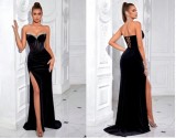 Women’s Luxury Solid Strapless Split Rhinestone Embellished Lace Up Chic Formal Evening Dress