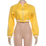 Women’s Sexy Street Style Embroidered Open Waist Cropped Leather Jacket