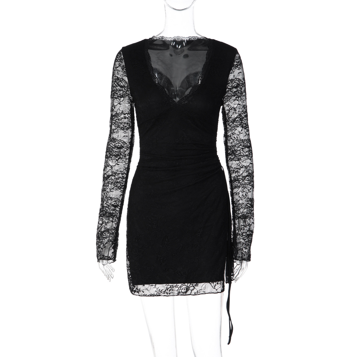 Lace Hollow-Out Split Bodycon Mini Dress for Clubwear