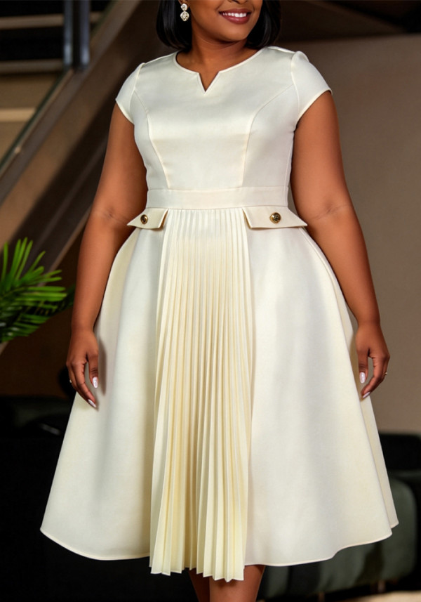 Plus Size Women’s Short Sleeve V Neck Cap Sleeve Faux Pocket Slim Waist A Line Career Long Dress