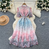 Women’s Chic Luxury Belt Slim Waist Five Quarter Sleeve Printed Flare Dress