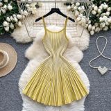 Autumn Women’s Luxury Slim Waist Slim Fit Pleated Striped Knitted Strap Dress