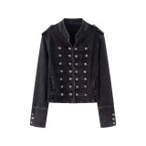 Spring Autumn Women’s Fashionable Stand Collar Button Detail Long Sleeve Denim Jacket