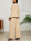 Autumn Winter Women’s Trendy Color Block Jacket and Solid Straight Leg Pants Two Piece Set