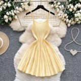 Autumn Women’s Luxury Slim Waist Slim Fit Pleated Striped Knitted Strap Dress