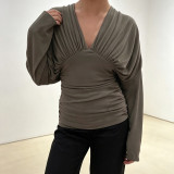 Women’s Chic Sexy Deep V Neck Long Sleeve Pleated Slim Waist Slim Fit Top
