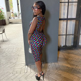Women’s Sexy Printed Polka Dot Square Neck Low Back Slim Fit Cropped Leg Jumpsuit