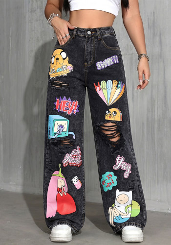 Women’s Fashionable High Waist Washed Printed Ripped Straight Leg Wide Leg Denim Jeans
