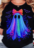 Halloween Women’s Summer Loose Short Sleeve Bow Ghost Print Top