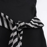 Women’s Casual Street Style Striped Lace Up Halter Neck Deep V Neck Low Back Jumpsuit