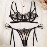 Women’s Sexy Mesh Floral Embroidered Bow Detail Lace Up See Through Bra Lingerie Set