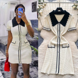 Summer Women’s Chic Color Block Turndown Collar Short Sleeve Metallic Button Slim Fit Knitted Dress