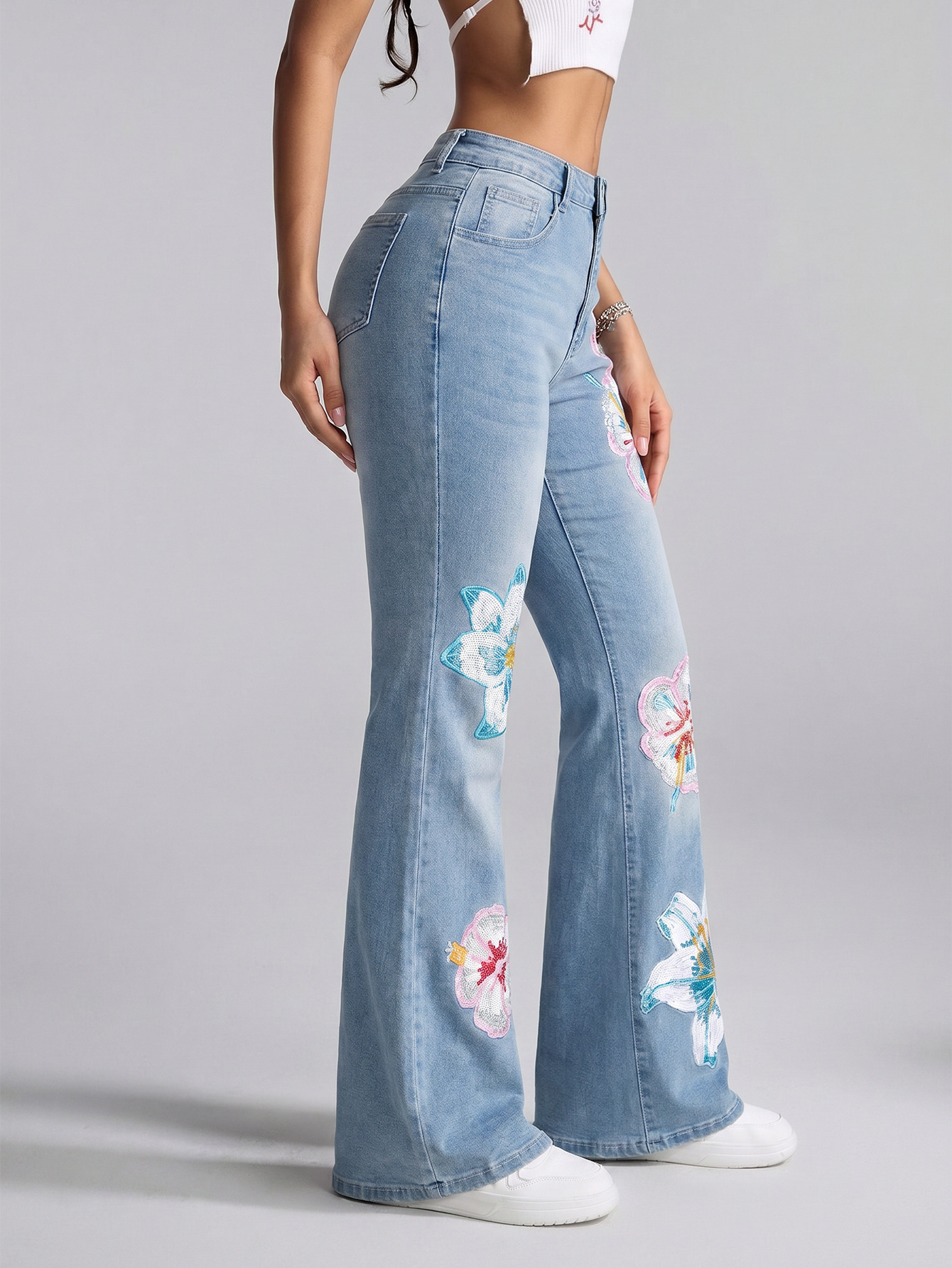 Floral Embroidered Washed Bell Bottom Denim Jeans