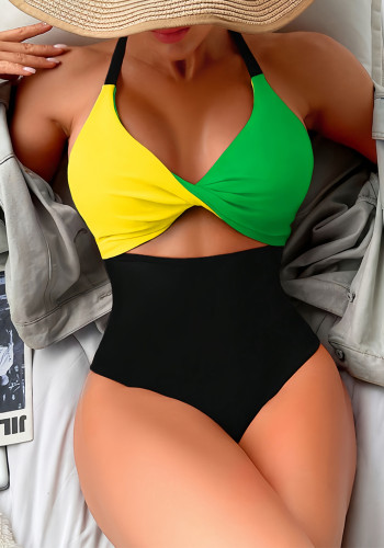 Women’s Sexy Color Block High Waist Solid One Piece Swimsuit