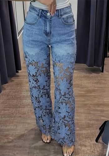 Women’s Casual Washed Hollow Out Lace High Waist Straight Leg Denim Pants