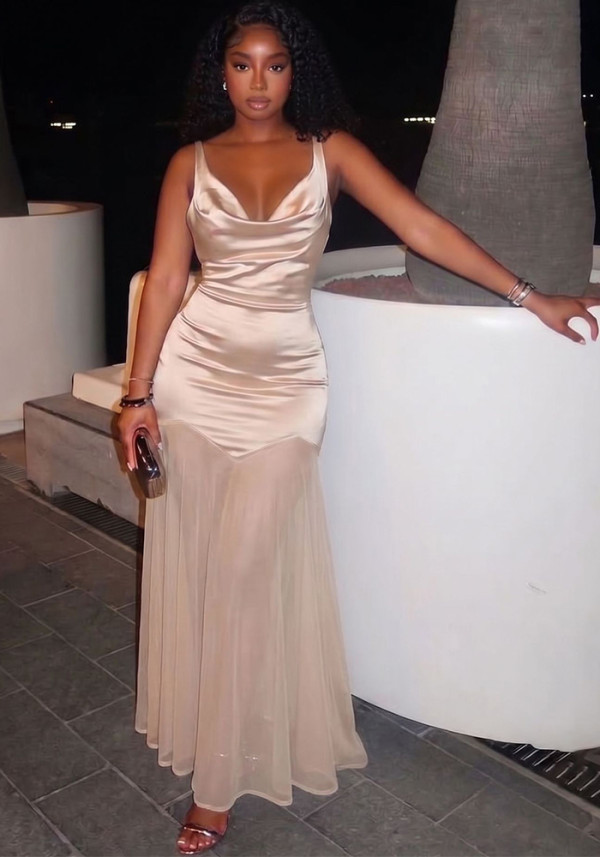 Summer Women’s Holiday Sleeveless Satin Strap High Waist Patchwork Chic Elegant Maxi Dress