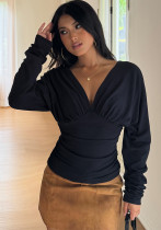 Women’s Chic Sexy Deep V Neck Long Sleeve Pleated Slim Waist Slim Fit Top Women’s Chic Sexy Deep V Neck Long Sleeve Pleated Slim Waist Slim Fit Top