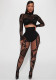 Autumn Women’s Sexy Cropped High Stretch Slim Fit Long Sleeve Mesh Top and Slim Tight Pants Set