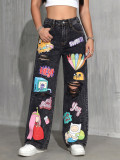 Women’s Fashionable High Waist Washed Printed Ripped Straight Leg Wide Leg Denim Jeans