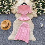 Summer Women’s Career Knitted V Neck Slim Waist Ruffle Detail Chic Two Piece Skirt Set