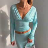 Women’s Chic Sexy Deep V Neck Long Sleeve Pleated Slim Waist Slim Fit Top