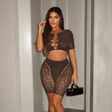 Autumn Women’s Sexy Rhinestone Short Sleeve Slim Fit Hollow Out Shorts Set