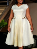 Plus Size Women’s Short Sleeve V Neck Cap Sleeve Faux Pocket Slim Waist A Line Career Long Dress