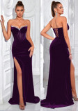 Women’s Luxury Solid Strapless Split Rhinestone Embellished Lace Up Chic Formal Evening Dress