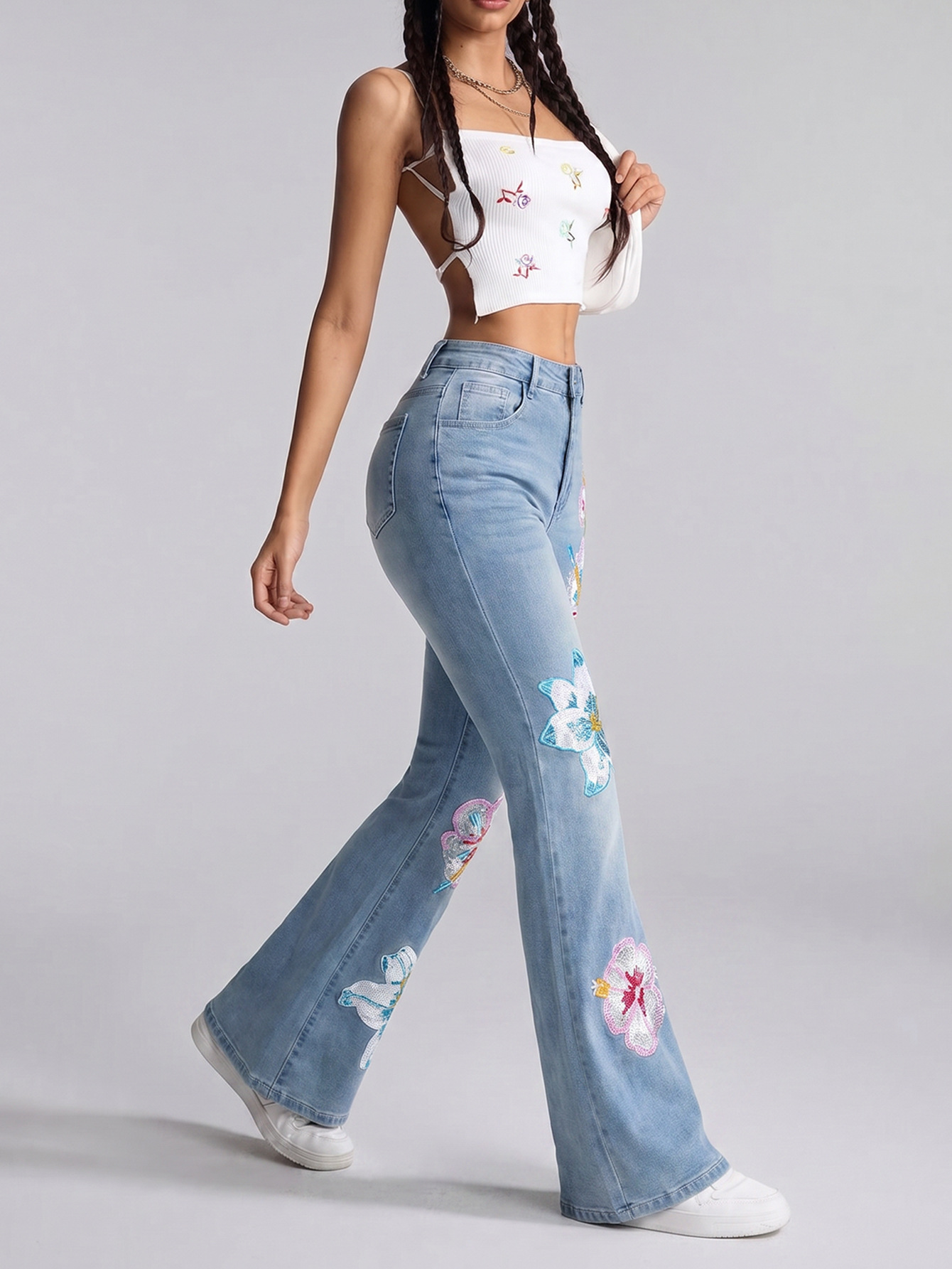 Floral Embroidered Washed Bell Bottom Denim Jeans