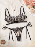 Women’s Sexy Mesh Floral Embroidered Bow Detail Lace Up See Through Bra Lingerie Set