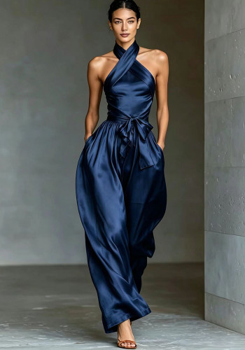 Women’s Luxury Satin Slim Waist Split Strappy Formal Party Jumpsuit