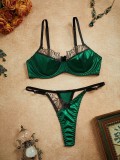 Women’s Sexy Satin Patchwork Embroidered Bra and Thong Lingerie Set