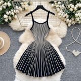 Autumn Women’s Luxury Slim Waist Slim Fit Pleated Striped Knitted Strap Dress