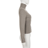 Autumn Women’s Solid Stand Collar Long Sleeve Knitting Casual Slim Fit Top