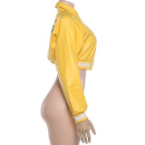 Women’s Sexy Street Style Embroidered Open Waist Cropped Leather Jacket
