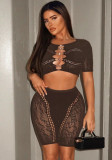 Autumn Women’s Sexy Rhinestone Short Sleeve Slim Fit Hollow Out Shorts Set