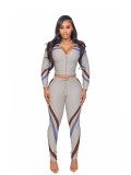 Autumn Women’s Fashionable Casual Turndown Collar Color Block Long Sleeve Top Tight Fitting Pants Sportswear Set