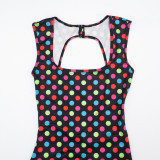 Women’s Sexy Printed Polka Dot Square Neck Low Back Slim Fit Cropped Leg Jumpsuit