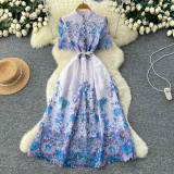 Women’s Chic Luxury Belt Slim Waist Five Quarter Sleeve Printed Flare Dress