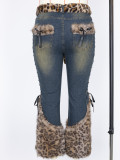 Winter Plus Size Women’s Leopard Print Short Pile Patchwork Belted Metal Detail Lace Up Denim Pants