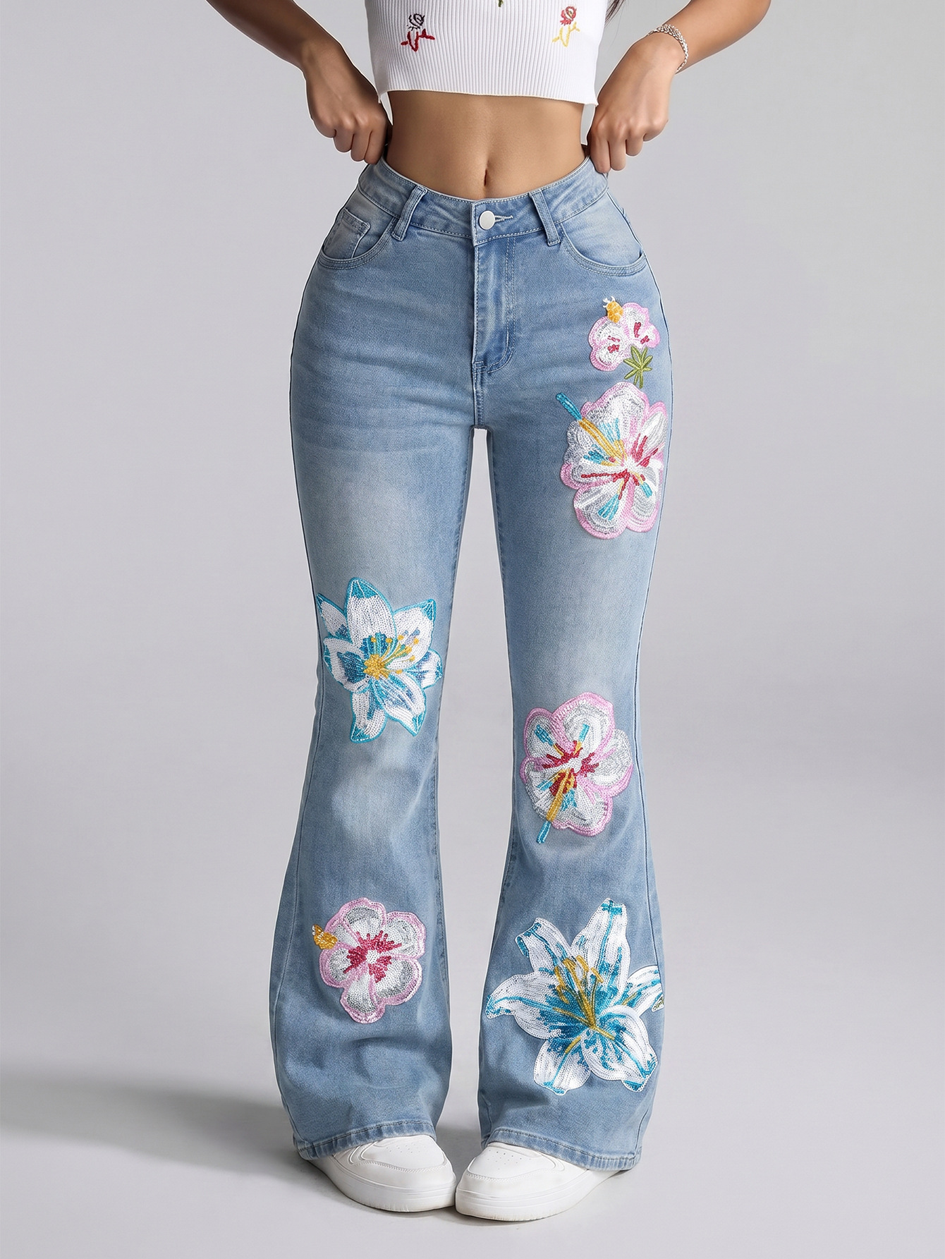 Floral Embroidered Washed Bell Bottom Denim Jeans