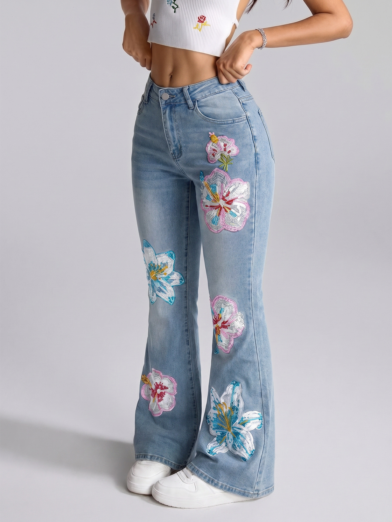 Floral Embroidered Washed Bell Bottom Denim Jeans