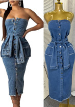 Summer Women’s Sexy Strapless Single Breasted Double Pocket Waist Tie Slim Fit Bodycon Denim Midi Dress Summer Women’s Sexy Strapless Single Breasted Double Pocket Waist Tie Slim Fit Bodycon Denim Midi Dress
