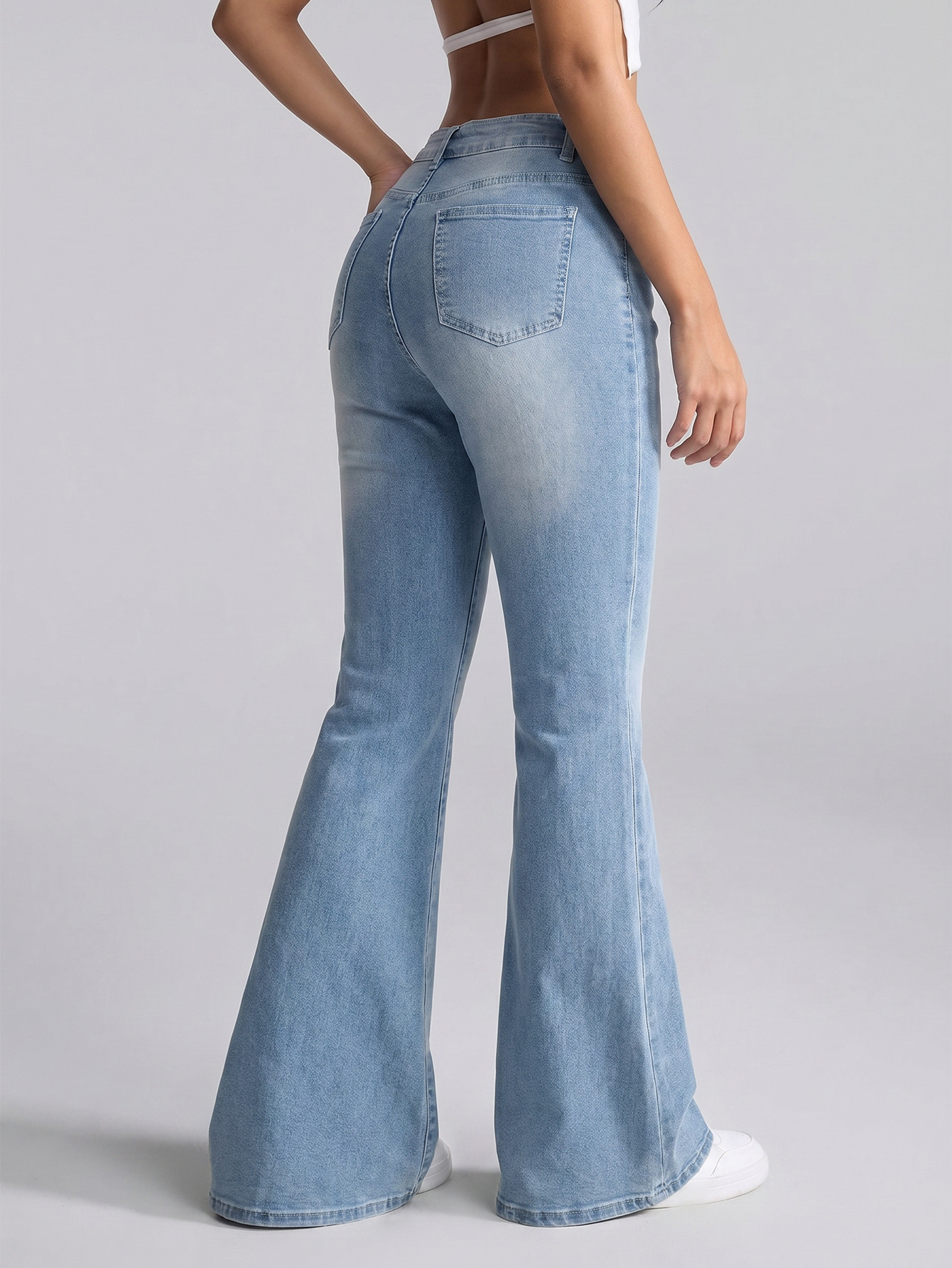 Floral Embroidered Washed Bell Bottom Denim Jeans