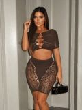 Autumn Women’s Sexy Rhinestone Short Sleeve Slim Fit Hollow Out Shorts Set