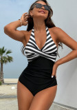 Women’s Sexy Striped Halter Neck One Piece Swimsuit