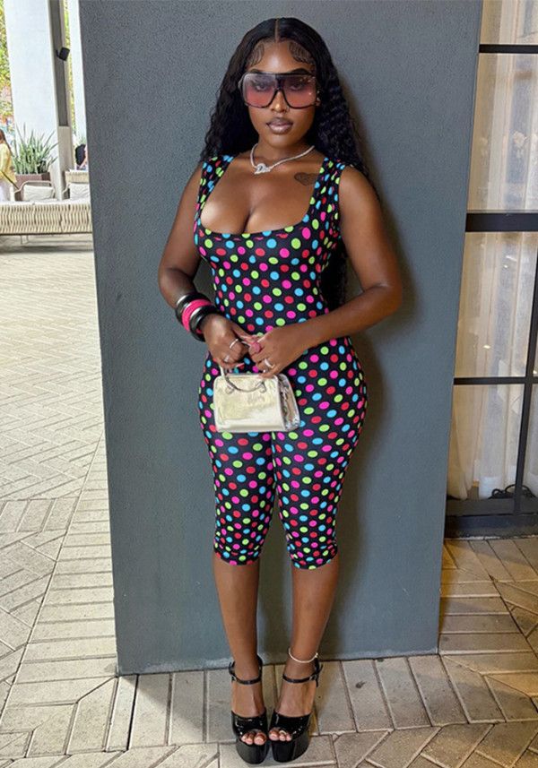 Women’s Sexy Printed Polka Dot Square Neck Low Back Slim Fit Cropped Leg Jumpsuit