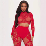 Autumn Women’s Sexy Cropped High Stretch Slim Fit Long Sleeve Mesh Top and Slim Tight Pants Set