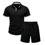 Men’s Casual Knitted Jacquard Stretch Polo Shirt and Shorts Holiday Set